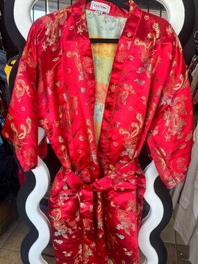 Red Satin Kimono Robe with Gold Embroidery